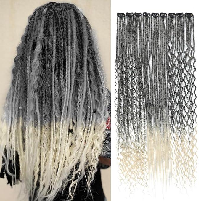 Clip in Dreadlock Extension Sets,9PCS 36 Strands 3 Styles in 1Mixed Boho Curly Ended Clip in Dreadlock 24inches Thin Soft Dread Extenisons for Women (1B/613,9 Clips)