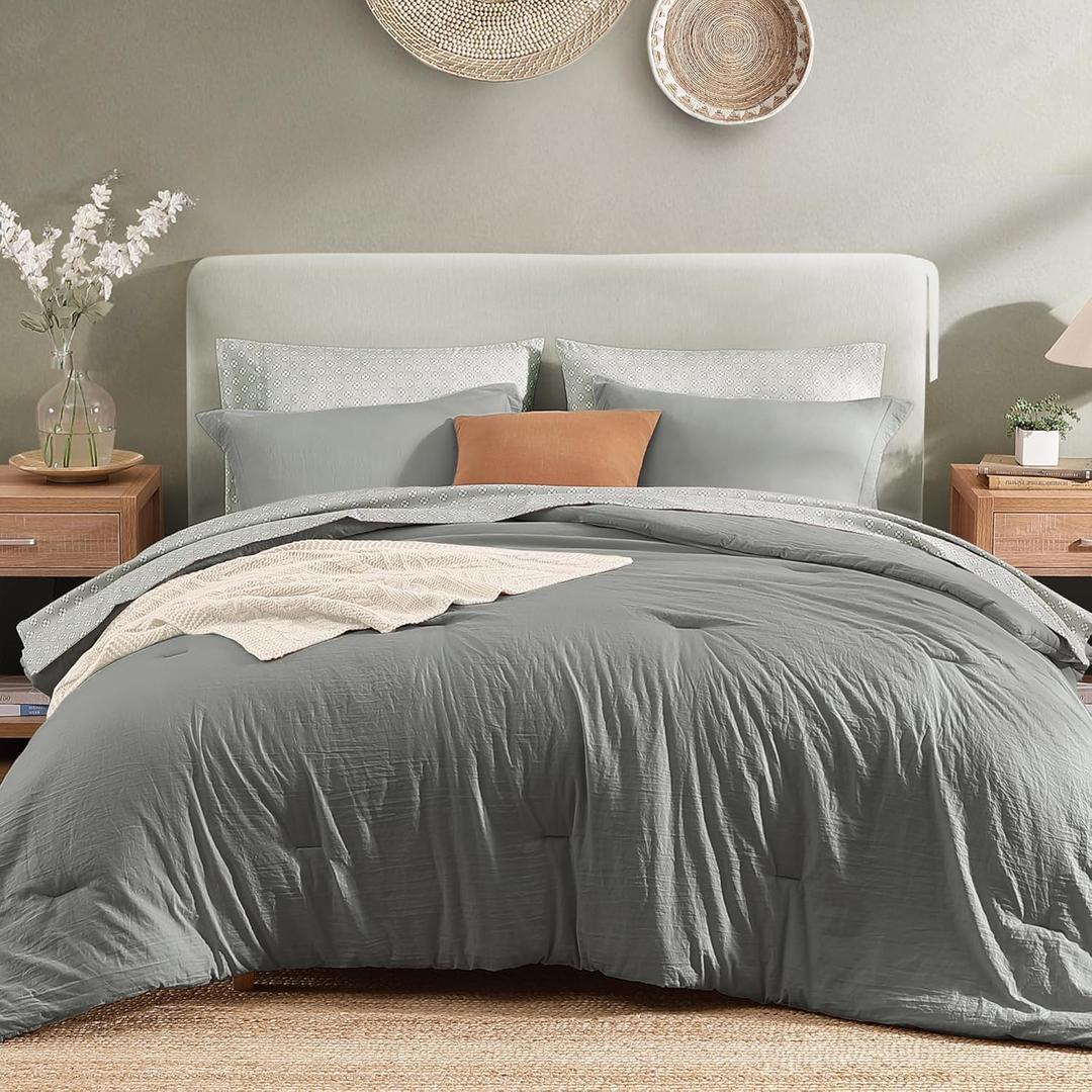 Monbix Queen Comforter Set - 7 Pieces Granite Grey Prewashed Bed in a Bag Queen Bedding Sets with Comforters, All Seasons Ultra Soft Comforter Bed Set with Sheets,Pillowcases & Shams