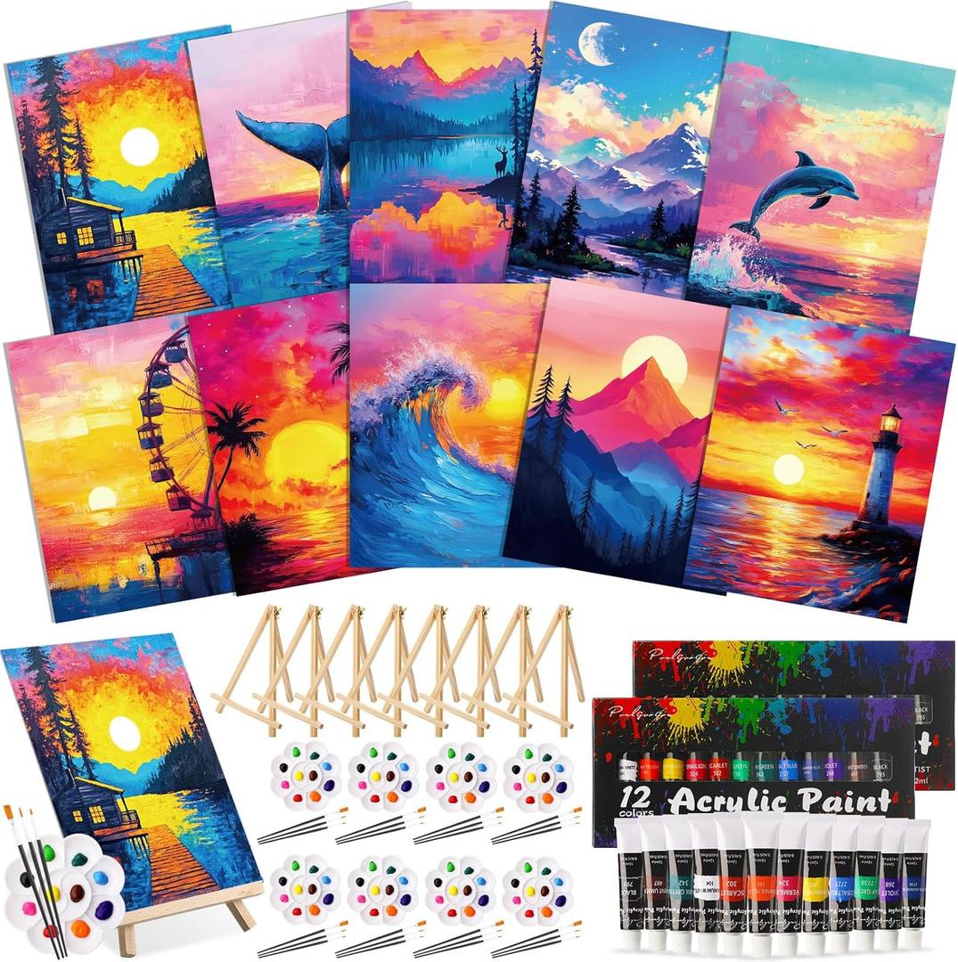 Ctosree 72 Pcs Natural Scenery Paint and Sip Kit for Adults 8'' x 10'' Pre Drawn Canvas for Painting DIY Pre Printed Canvas for Party Favor Afro Acrylic Painting Kit Wood Easel Brushes Bulk