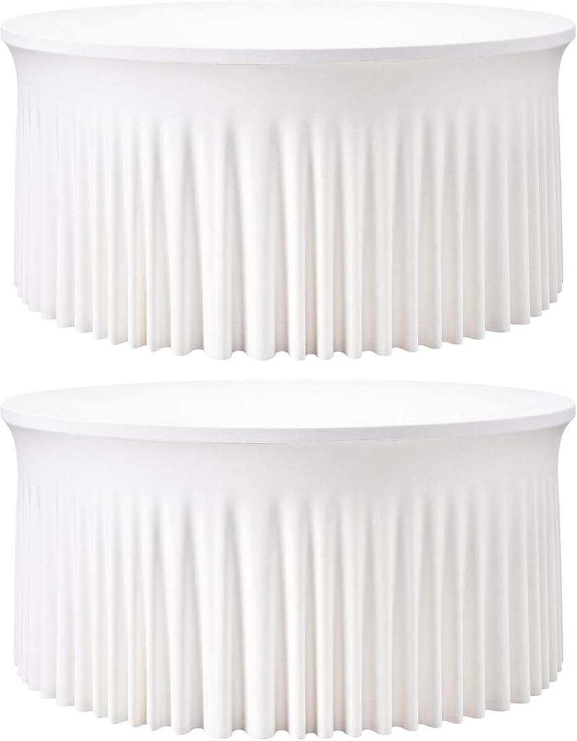 2 Pack White 60 inch Round Spandex Tablecloth, Washable Stretchy Fitted 5FT Round Tables,Elastic Edge with Skirt, Wrinkle-Free Table Cloths for Wedding Banquet Party Birthday Buffet