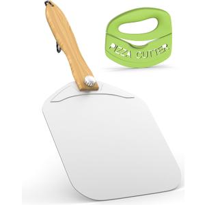Aluminum Metal Pizza Peel, Pizza Peel 12 inch with Foldable Wood Handle, Pizza Spatula, Pizza Spatula for Oven, with Pizza Cutter, Pizza oven accessories (12'' x 14'')
