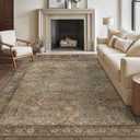 Bavni Washable Rug 9x12 Area Rug for Living Room Bedroom Dining, Washable Vintage Print Carpet, Ultra-Thin Chenille Low Pile Lightweight Rug with Non Slip Backing, Warm Taupe