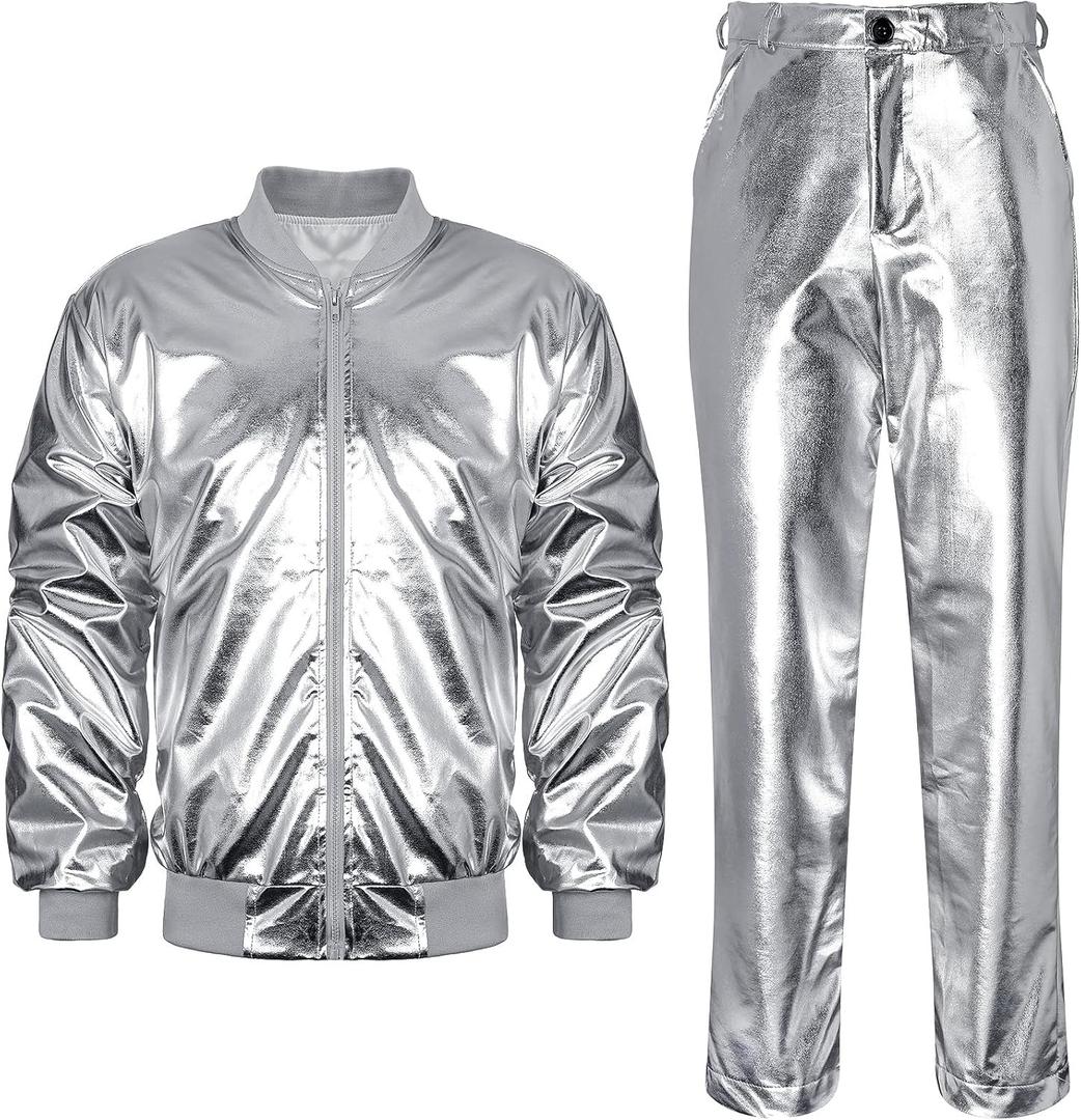 Halfchet Men's Metallic Jacket and Pants Set Jacket Men Straight Leg Trousers Costume for Men Disco Cosplay Party, M