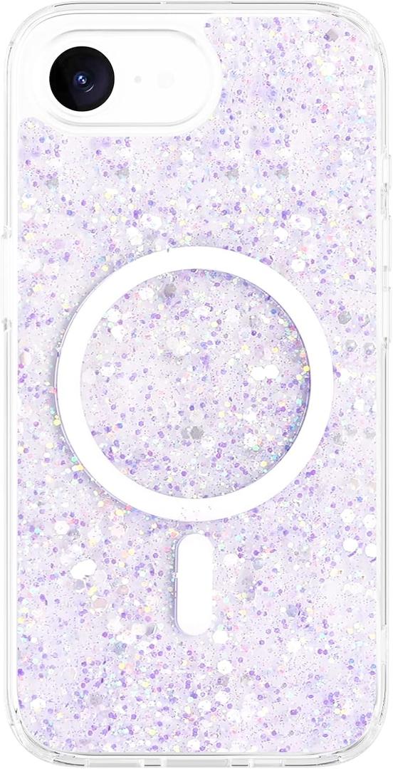 for iPhone 16e Case, Clear Glitter MagSafe Compatible, Cute Bling Sparkly Girly Case for iPhone 16e, Magnetic Protective Phone Cover, Purple Glitter, Cetus