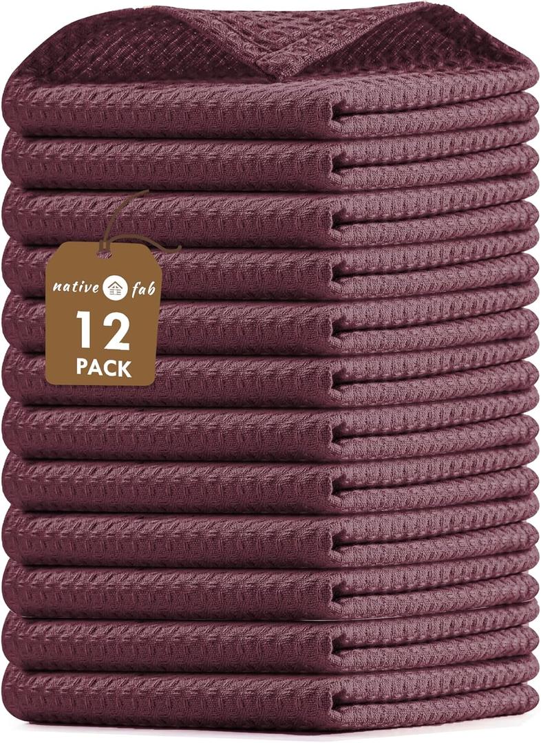 Native Fab Waffle 12 Pack Dish Cloths - 100% Cotton, Absorbent, Quick Dry, Washable Towels for Cleaning, Cooking & Drying Dishes - Perfect for Home, Restaurants, Bars, Cafes - 12"x12" - Burgundy