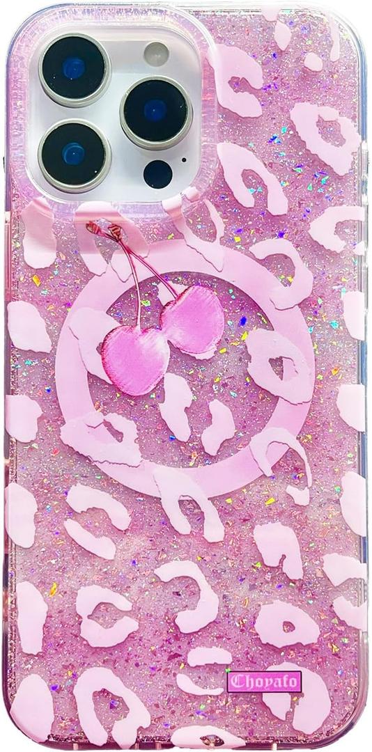 Magnetic Sparkly Phone Case Pink Girl, Glittery Leopard Print with Cherry/Cheetah Sparkle Cover with Bling Glitter Effect/Compatible with MagSafe iPhone 16 Pro Max, Fresh Pink