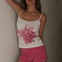 Multitrust Women Sleeveless Floral Crop Tank Tops Slim Fit Y2K Spaghetti Strap Going Out Tops Scoop Neck Vintage Grunge Cami Top (E White, L), Large