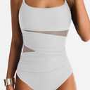 One Piece Swimsuit for Women Tummy Control Mesh Bathing Suits Sexy Push Up Swimsuits Slimming Square Neck Swimwear (White, M)