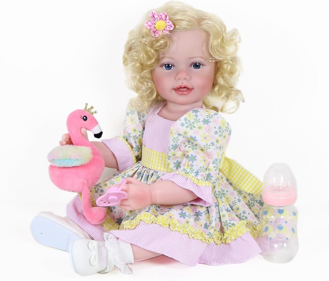 Toddler Girl -22 inch with Flamingo Plush and 3D Painted Skin Visible Veins and Soft Full Vinyl with Rooted Hair (Yellow)