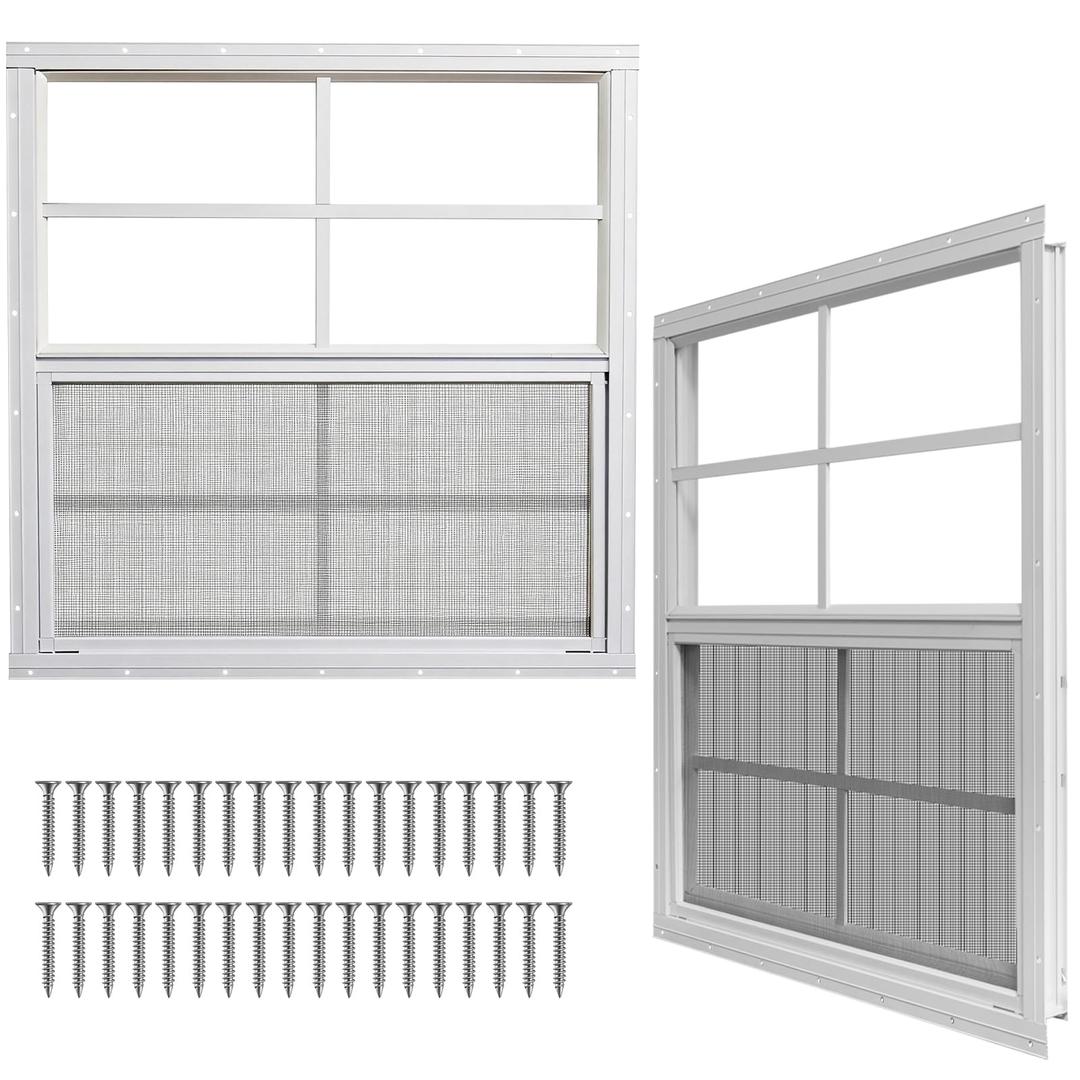 Yuzzy Shed Windows 2 Pack, Chicken Coop Windows 30" x 30" with Tempered Glass and Fiberglass Screen, Flush Mounted Small Window for Shed, Barns, Playhouse, Household, Garage (White)