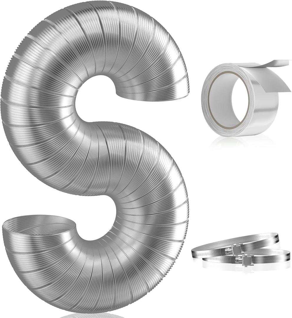 Hon&Guan 4-Inch Semi Rigid Dryer Vent Hose, 5 Feet Flexible Aluminum Duct with 2 Clamps and Aluminum Foil Tape (Silver)