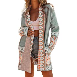 Ebossy Women's Fashion Aztec Print Jacquard Knit Open Front Cardigan Lapel Long Sleeve Boho Graphic Long Sweater Coat (X-Large, Green)