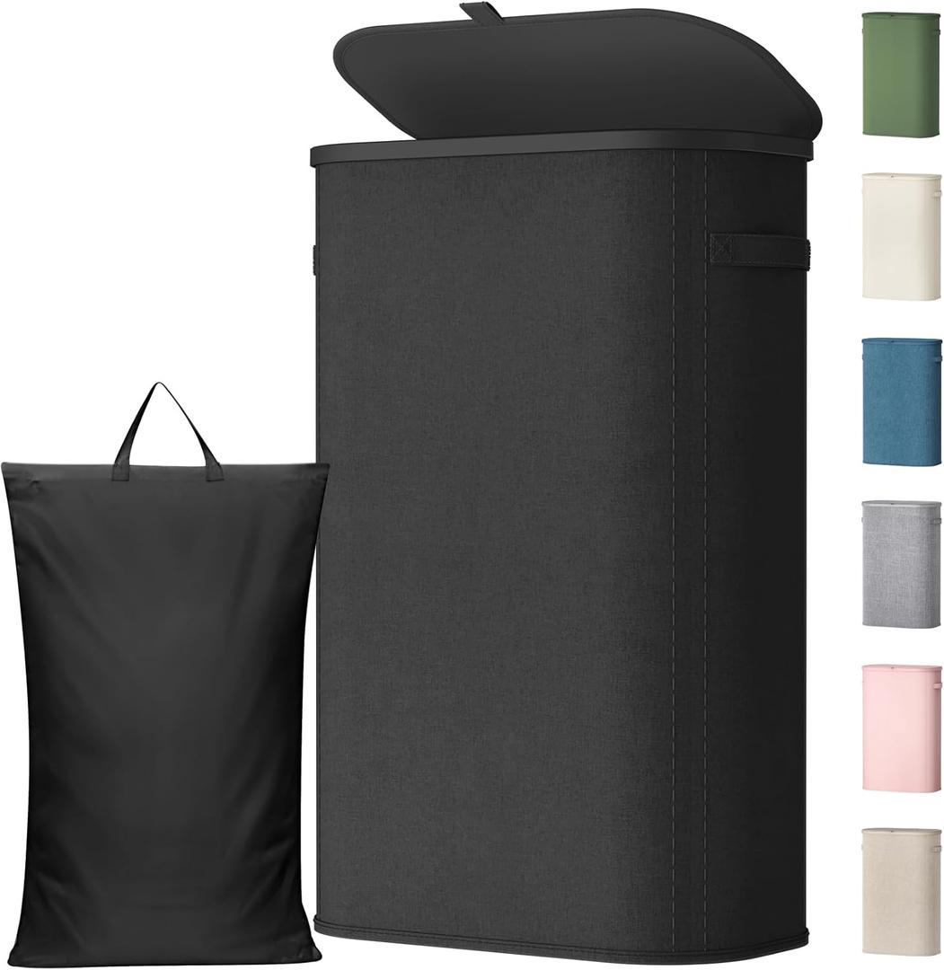 Lifewit 65L Slim Laundry Basket with Lid, Narrow Large Laundry Hamper with Plastic Handles and Removable Bag, Tall Foldable Dirty Clothes Hampers for Laundry Room, Bedroom, Bathroom, Dorm, Black