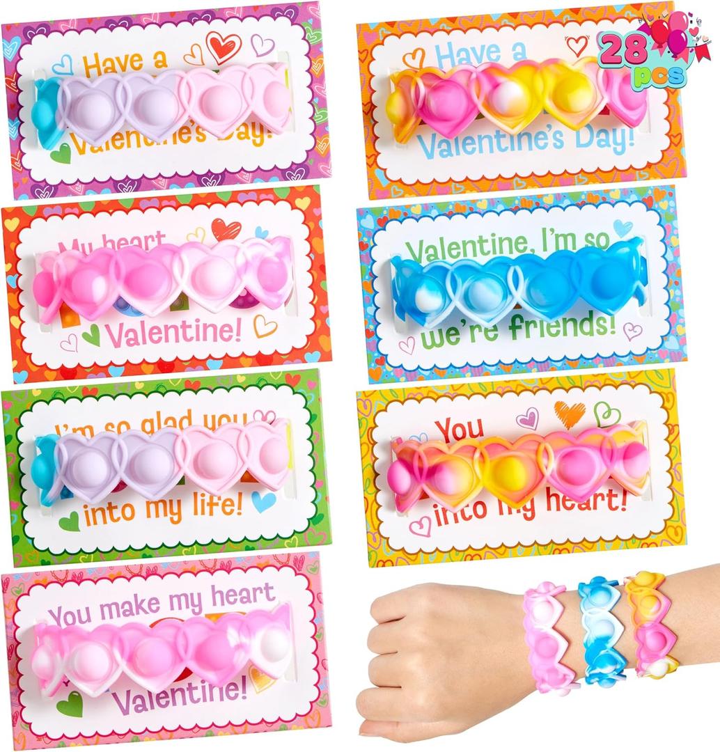 JOYIN 28 PCS Valentine's Day Gifts Cards with Heart Pop Fidget Bracelets, Stress Relief Pop Bubble Fidget Toys for Kids Girls Boys Valentines Classroom School Exchange Gifts, Party Favor Prizes