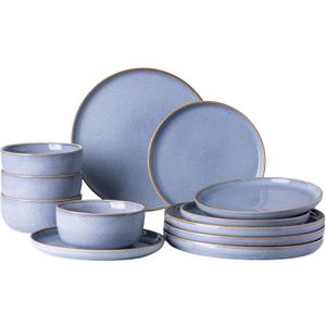 GBHOME Ceramic Dinnerware Sets for 4, 12 Pieces Stoneware Plates and Bowls Sets, Scratch Resistant Dishe Set for Dinner, Dishwasher & Microwave Safe, Brunnera Blue