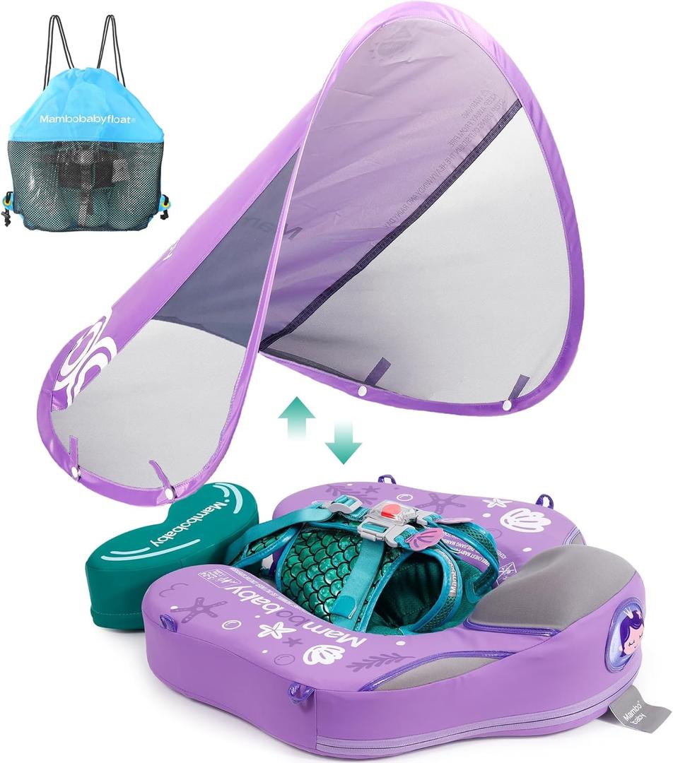 Mambobaby Float Upgrade Add Tail Baby Float with Canopy for Infant Waist Swimming Ring Swim Trainer Non-Inflatable Floats Toys with Adjustable Safety Strap (Purple Mermaid)