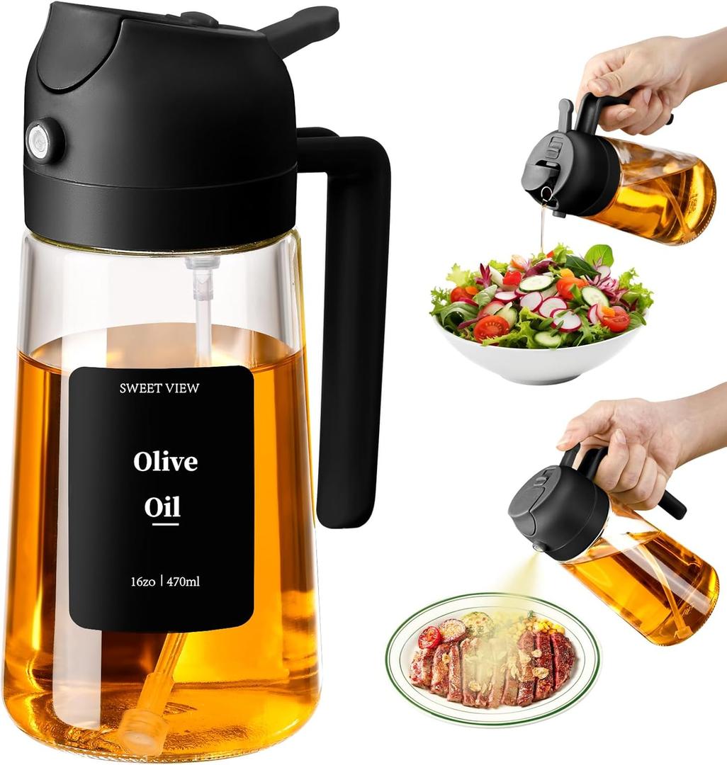 Olive Oil Sprayer for Cooking, 470ml 2 In 1 Glass Oil Dispenser/Pour Bottle, Kitchen Accessories, Kitchen Gadgets for Air Fryer, Salad, BBQ (Black)