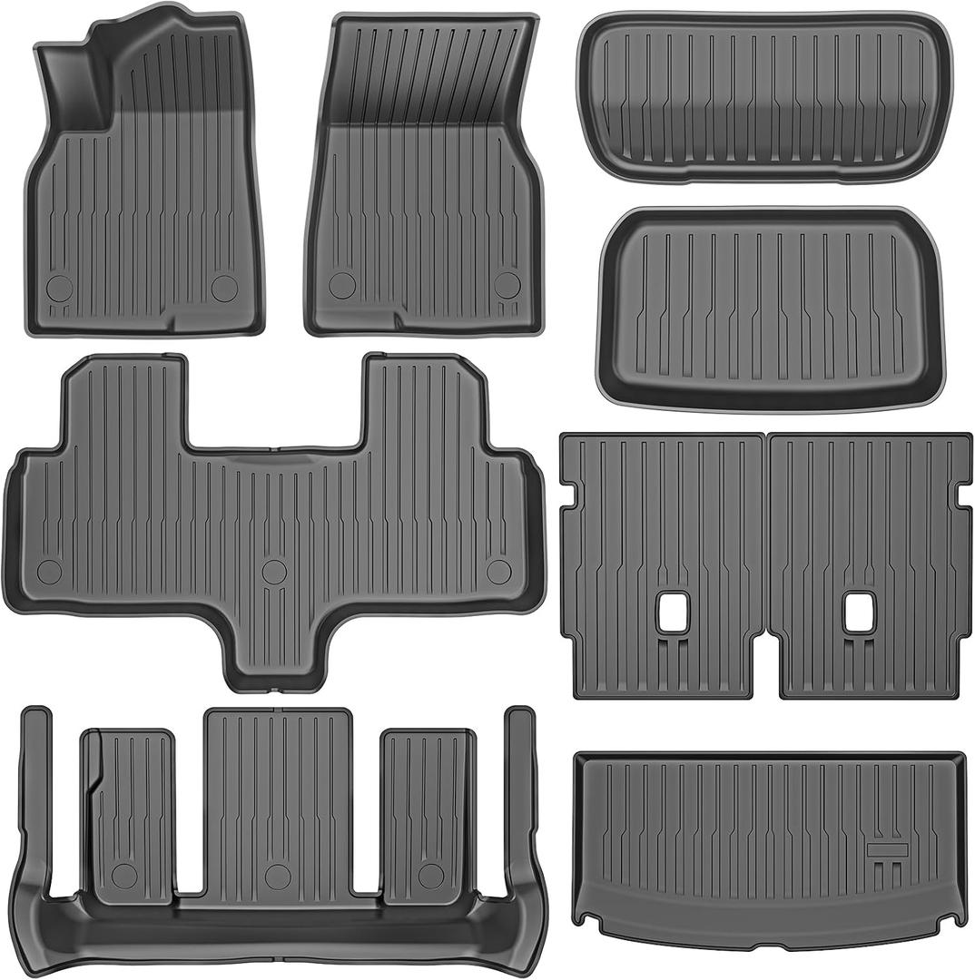Pawtein All Weather Floor Mats Compatible with Tesla Model YL 6 Seater Accessories 2026-2027 9PCS TPE Odorless Floor Mats Set with Cargo Backrest Frunk Trunk Mats
