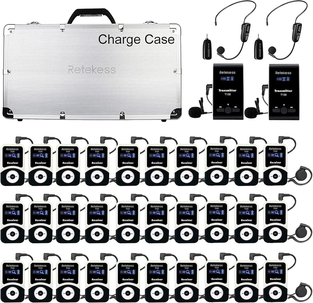 Retekess T130 Tour Guide System, Tour Guide Headsets with 2 Wireless Mic, 32-Slot Charge Case, Assistive Listening System for Church,School(2 Transmitters 30 Receivers)