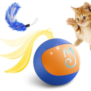 Migipaws 2-in-1 Interactive Cat Toy Ball Paw Friendly Kicking Chasing Ball with Bonus Fluffy Tail for Indoor Cats Random Rolling Auto Escape Corners Tangle-Free Quiet USB Rechargeable (Blue)