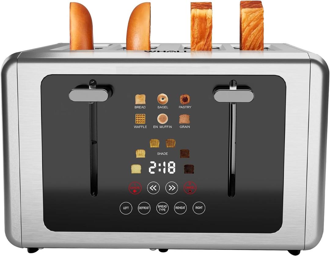 whall 4 Slice Touch Screen Toaster, Stainless Steel Toasters Digital Timer, Dual Control Panel Toasters6 Shade Settings6 Bread Types, Smart Wide Slots, Bagel, Cancel, Defrost,Gray