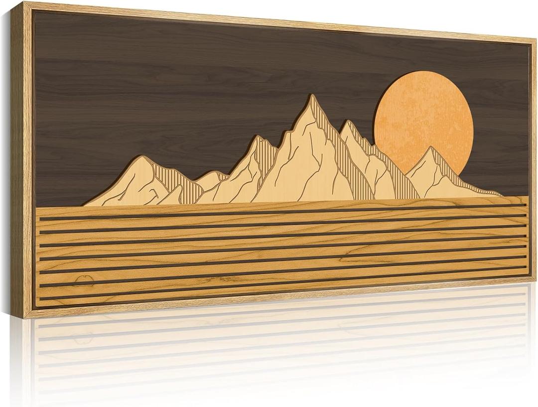 IARTTOP Large Wall Art for Living Room 3D Framed Wood Abstract Mountain Landscape Wall Decor Sun Rising on the Horizon Artwork Home Bedroom Office 20x40 Inch (Dark Brown and Yellow)