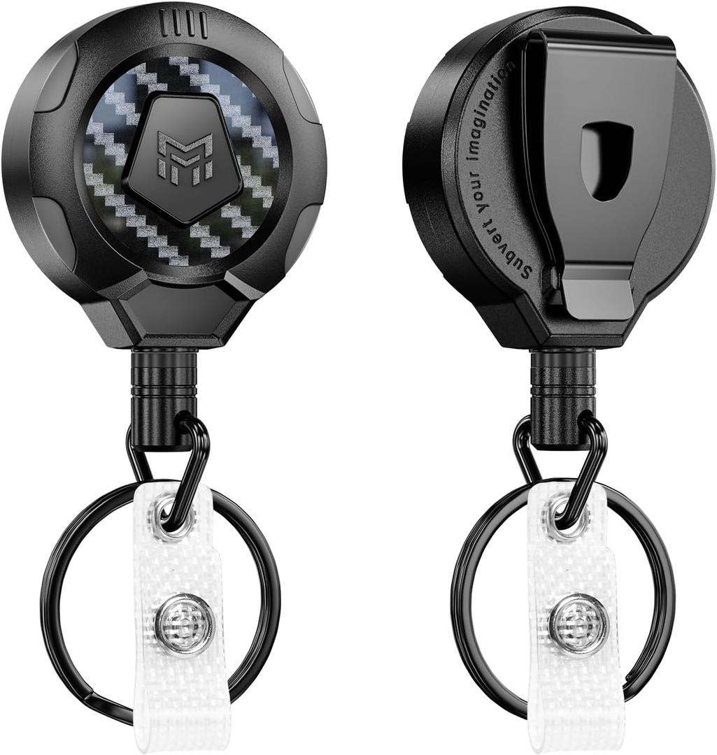 MNGARISTA Upgraded Heavy Duty Retractable Keychain with Belt Clip, 10 OZ Retraction, 31.5" Stainless Steel Cord Key Chain, 3K Carbon Fiber ID Badge Reel Holder with Badge Strap and Key Ring, 2 Pack