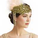BABEYOND Womens 1920s Headband Flapper Feather Headpiece with Chain Roaring 20s Gatsby Themed Party Hair Accessory (Champagne Gold)
