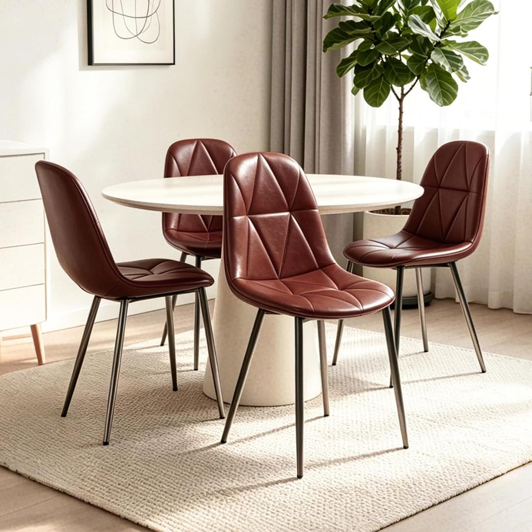 Set of 4 Brown Dining Chairs – Modern Armless Kitchen & Dining Chairs, Faux Leather Upholstery, Ergonomic Backrest & Sturdy Metal Legs, 27 x 18 x 20