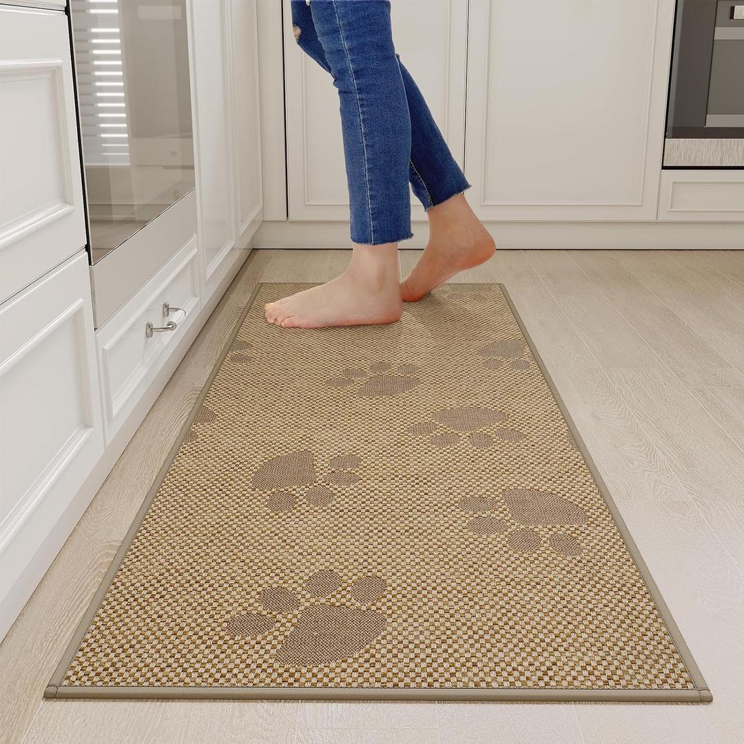 YDKGL Kitchen Mats for Floor, Super Absorbent Kitchen Rugs Non Slip Washable, Rubber Backing Soft Woven Linen Embroidery Runner Rug, Standing Mat Kitchen Sink Mat, Easy to Clean, Brown 17x47