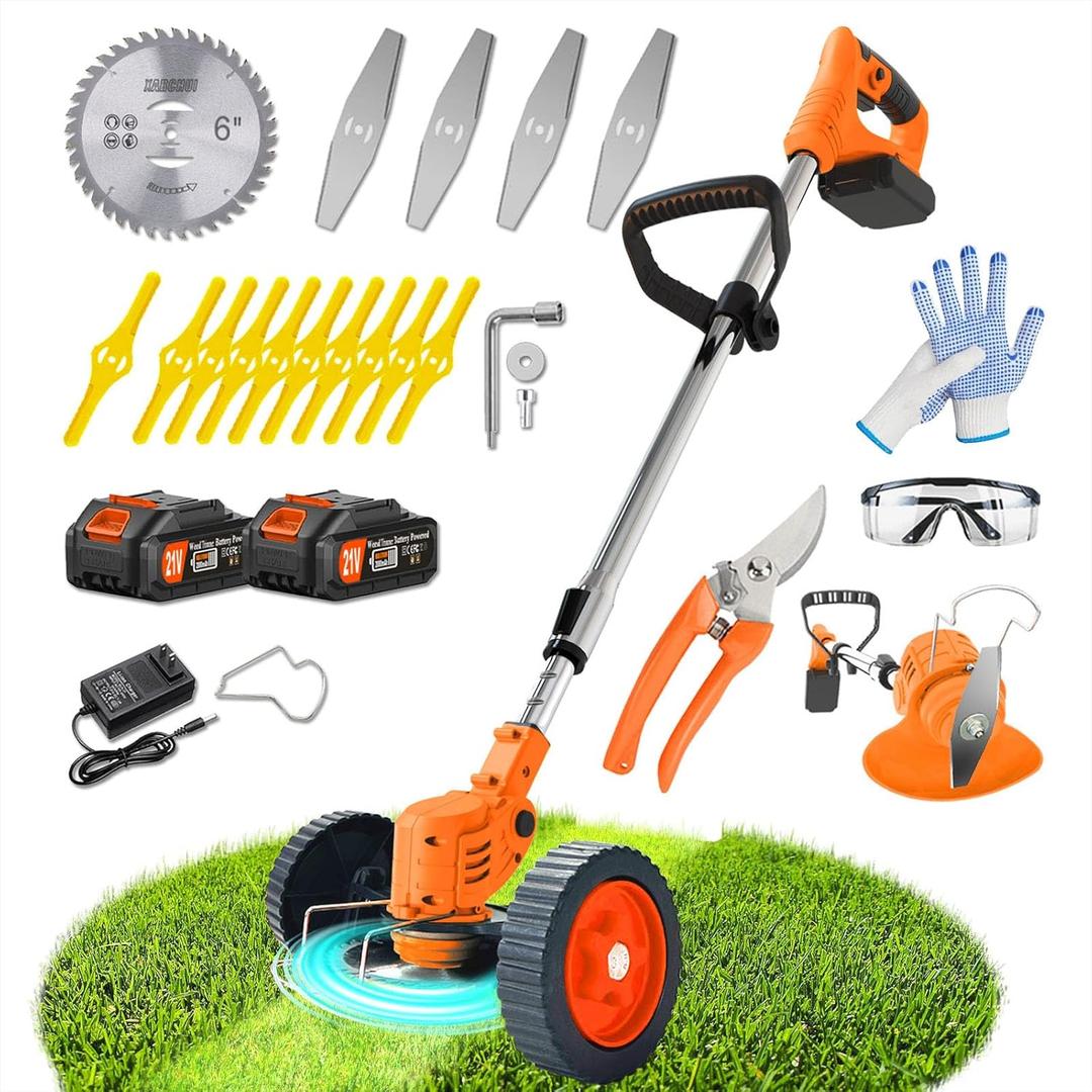 Cordless Weed Wacker Eater Battery Powered, 21V Lightweight Electric Weed Trimmer with 2 Battery Operated & Charger& Wheels & Shears, No-String Grass Trimmer/Brush Cutter/Lawn Edger for Yard Garden