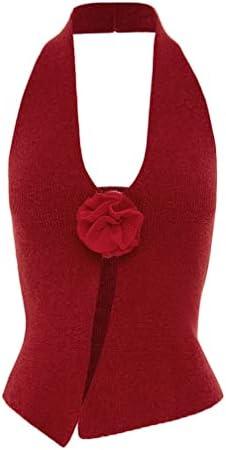Naileksi Women Halter Neck 3D Floral Rib-Knit Top Tank Y2k Sexy Sleeveless Backless Open Front Slim Fit Sweater Vest, S