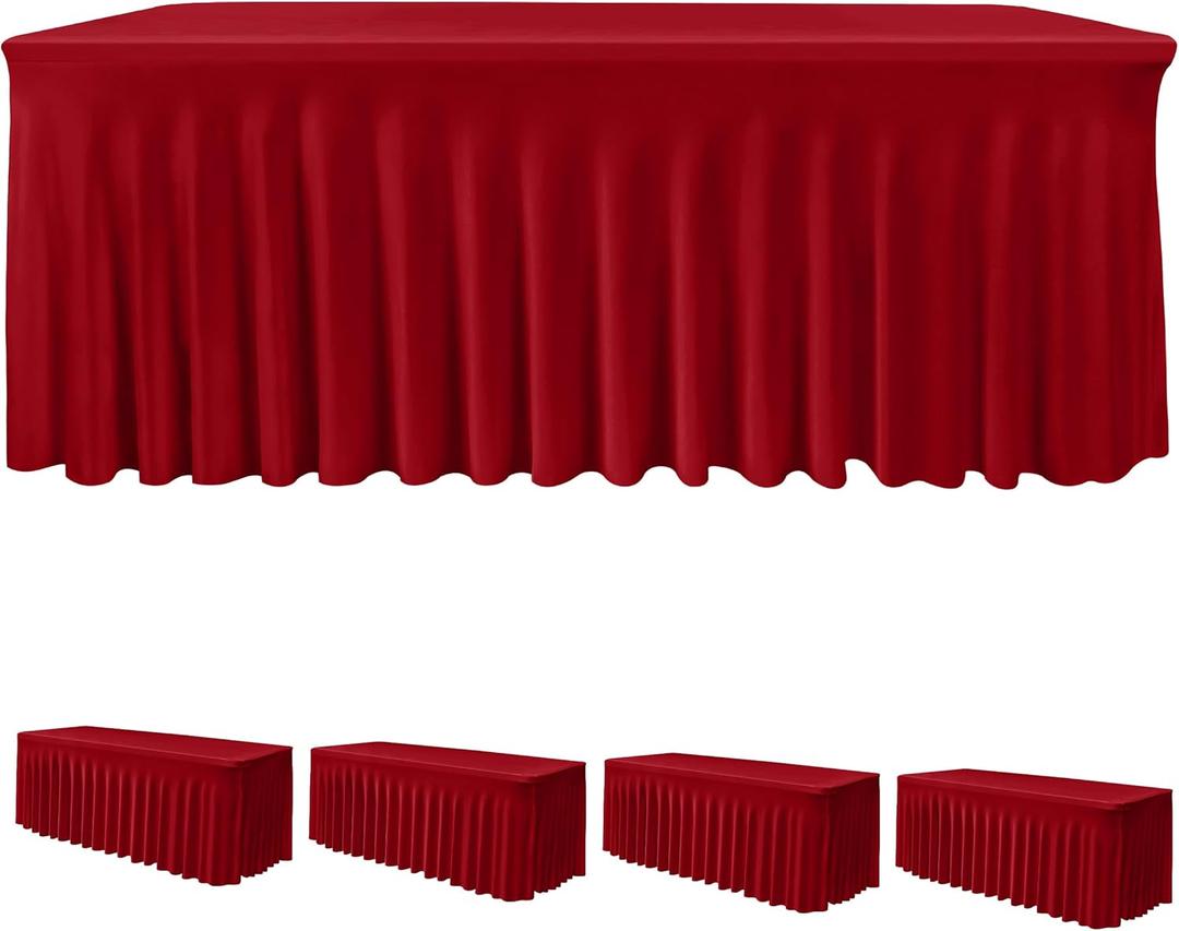 HolidayIdeas 4 Pack Red Spandex Table Skirt for 6 Ft Rectangle Tables, Fitted Stretch Tablecloth 30 x 72 Inch, Wrinkle Resistant Ruffle Design for Valentine's Day, Mother's Day, Trade Shows, Parties