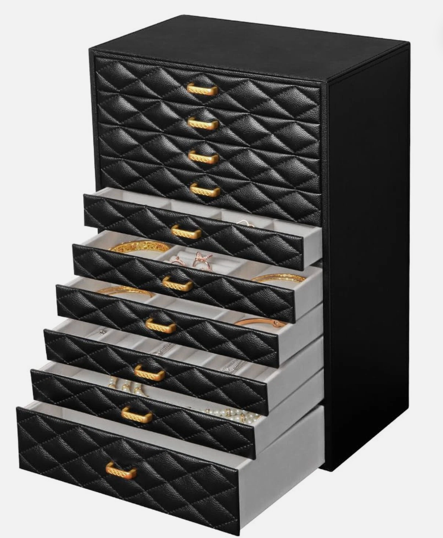 FEIYAN Extra Large Jewelery Box, 10Layer Storage Case, Faux Leather Organizer with Drawers, Velvet Lining, Scandinavian Nordic Style (BLACK)