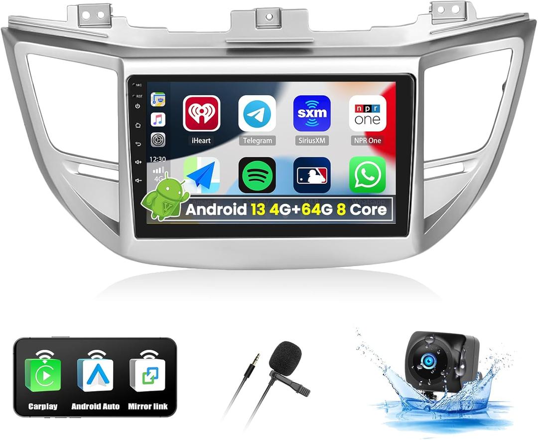 UNITOPSCI 4G+64G 8Core Android 13 Car Stereo for Hyundai Tucson 2015-2018 Wireless Apple CarPlay Android Auto 9 Touchscreen Bluetooth 5.0 GPS Navi DSP Mirror Link WiFi FM/RDS SWC+Backup Camera Mic