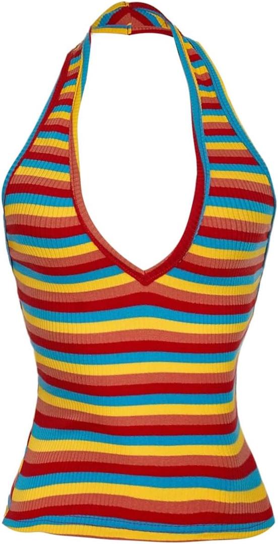Women's Y2K Striped Backless Halter Top Sleeveless Low Cut V Neck Crop Tank Tops (S)