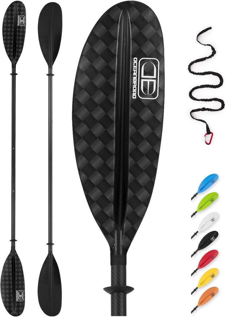 OCEANBROAD Adjustable Carbon Fiber Kayak Paddle 86in/220cm to 94in/240cm Kayaking Oar for Adults with Paddle Leash 1 Paddle
