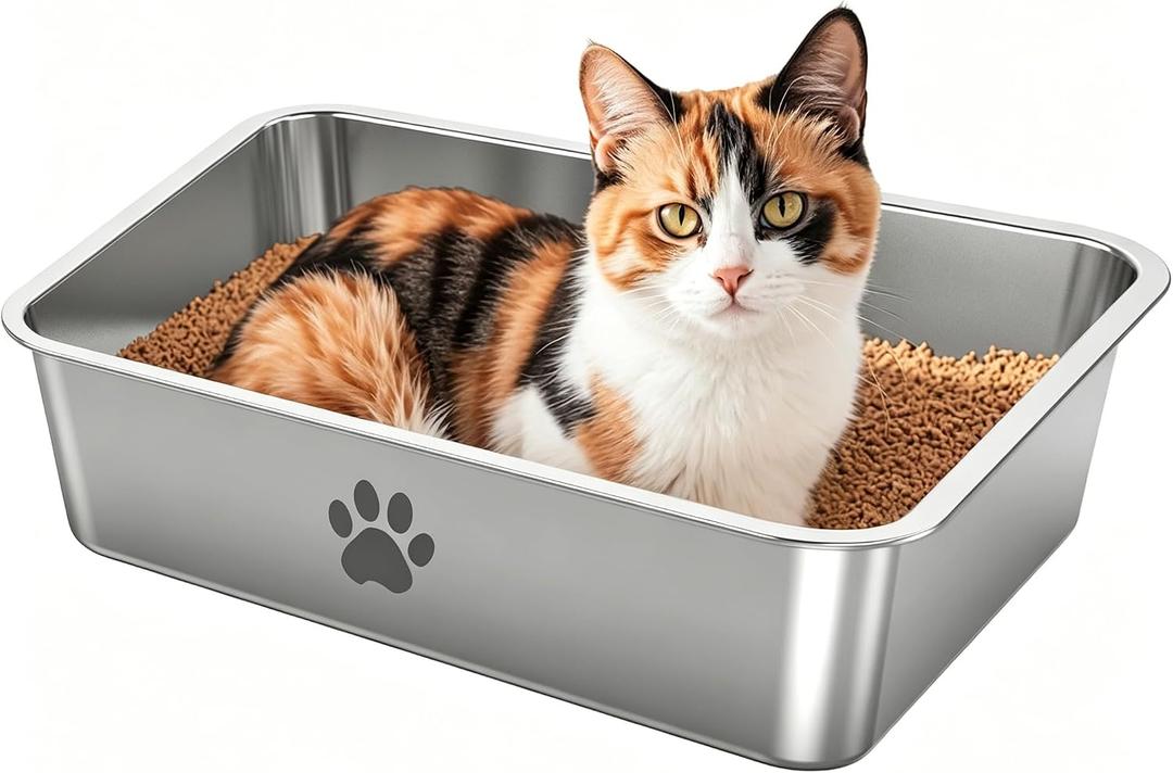 Stainless Steel Cat Litter Box,Metal Kitten Litter Pan, 6inch High Side Cats Toilet Indoor Litter Tray Pet Toilet Supplies for Cats, Kitty,Rabbits,Easy to Clean,Non Stick Litter Box, No Smell