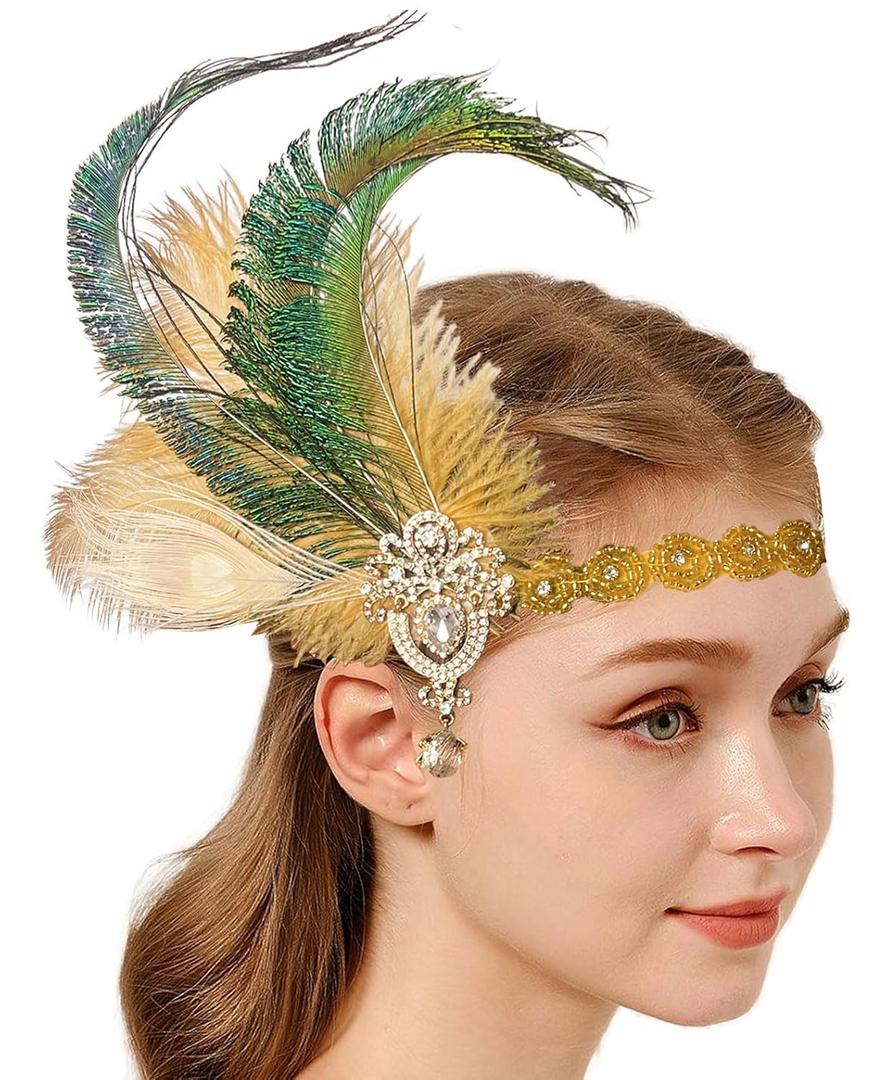 Feather 1920s Flapper Headband for Women, Roaring 20s Headpiece Hair Accessories, Great Gatsby Style with Green, Gold, Water Drills