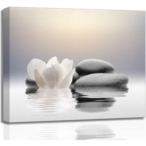 Zen Canvas Wall Art white Lotus Flowers and Black Massage Stones Spa Picture Wall Decor Poster Print Suitable for Yoga Meditation Room Bathroom Bedroom Study Home Decoration (24"L x 16"W)