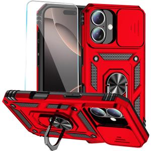 SunStory Phone Case for iPhone 16 Case with HD Screen Protector & Slide Camera Cover & Rotated Ring Kickstand, [Military-Grade] Phone Case for iPhone 16 6.1" (Red)