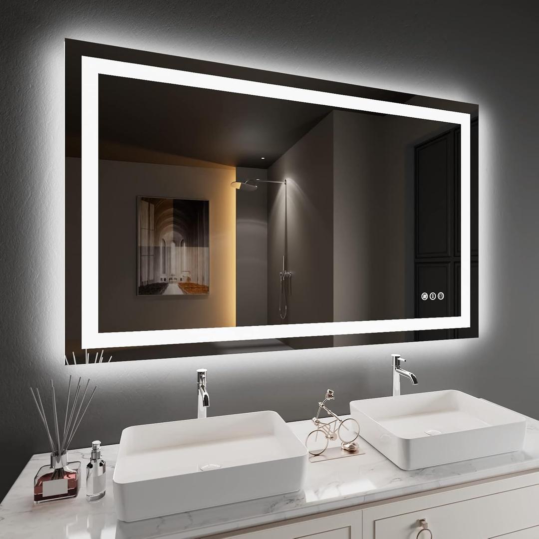 Amorho LED Bathroom Mirror 48'' X30'' with Front and Backlit, Stepless Dimmable Wall Mirrors with Anti-Fog, Shatter-Proof, Memory, 3 Colors, Double LED Vanity Mirror (Horizontal/Vertical) (48"L x 30"W)