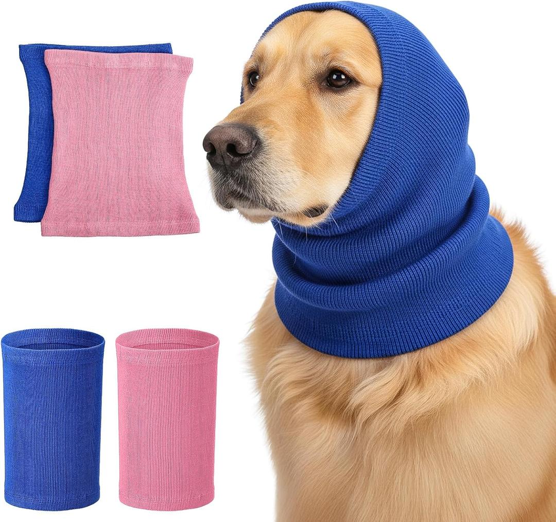 ElevateTech 2Pcs Dog Calming Hoodie Dog Ear Muffs Noise Protection Soft Elastic Neck Head Cover Dogs Winter Hat Cat Clothes Ear Warmer for Grooming Bath Blue Pink