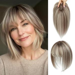 Hair Toppers for Women Real Human Hair Toppers with Thinning Hairpieces for Women with Bangs 10 Inch Human Hair Topper for Cover Gray Roots (4T6/613#) (Omber Blonde with Highlights)