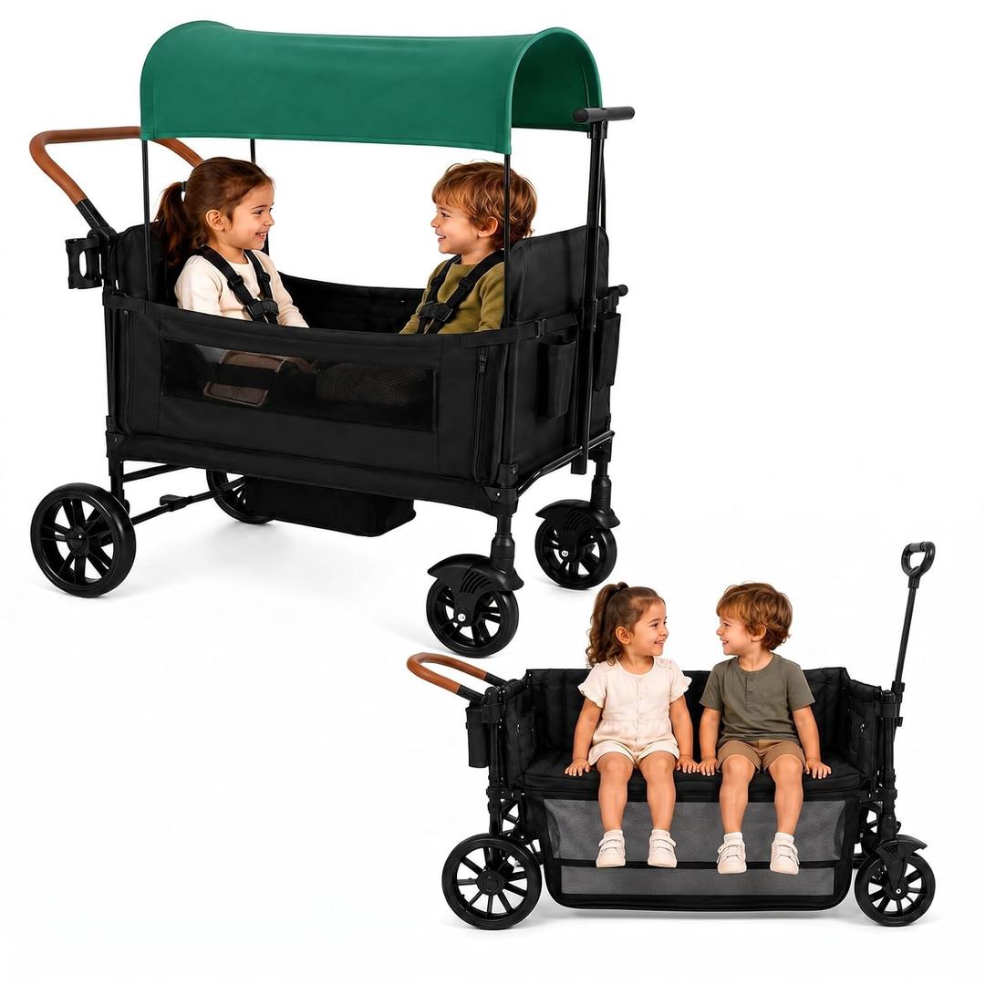 Wagon Stroller for 2 Kids, Foldable with Push/Pull Handles
Dual 5-Point Harnesses, Removable Canopy, Foot Brake, Storage Basket, Bench Mode, 110 lb Capacity, Face-to-Face Seats