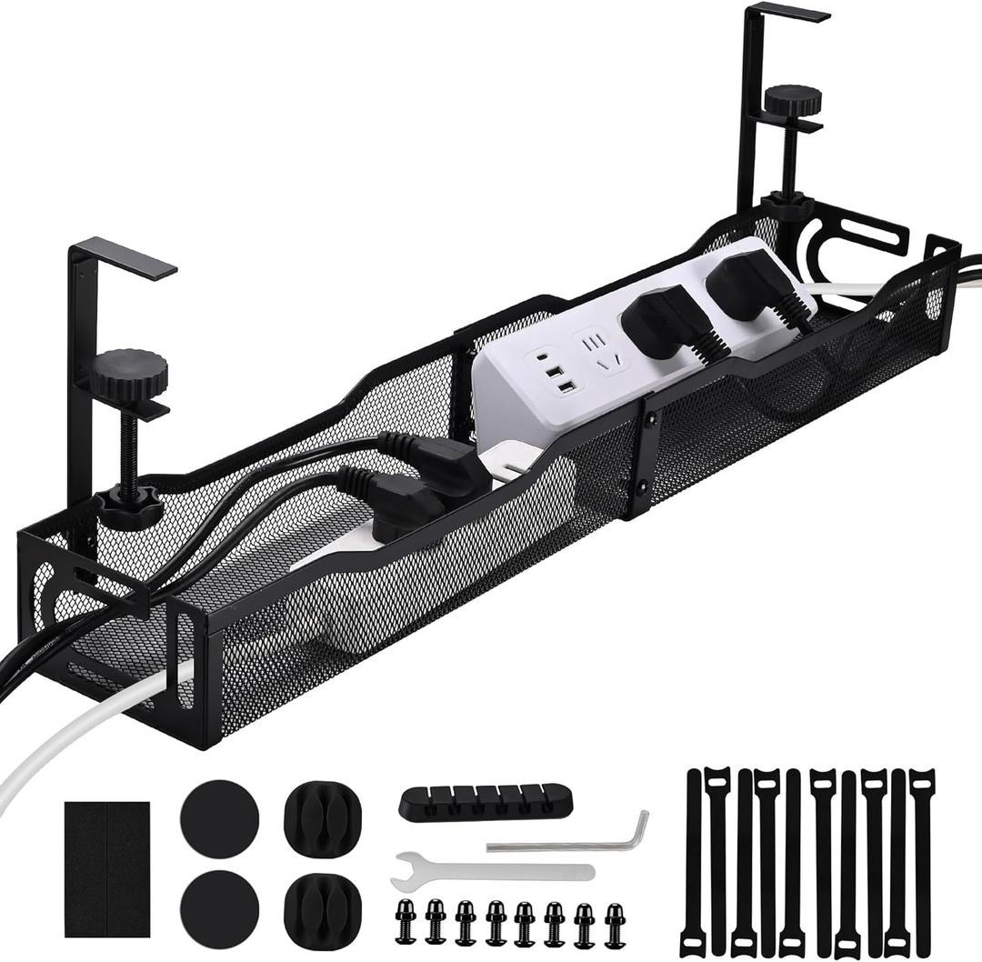 Under Desk Cable Management Box 25.3 Inch Clamp-Mounted Cable Organizer Tray, Large Cord Management Box for Office & Home, Wire Organizer Under Desk Storage, Black