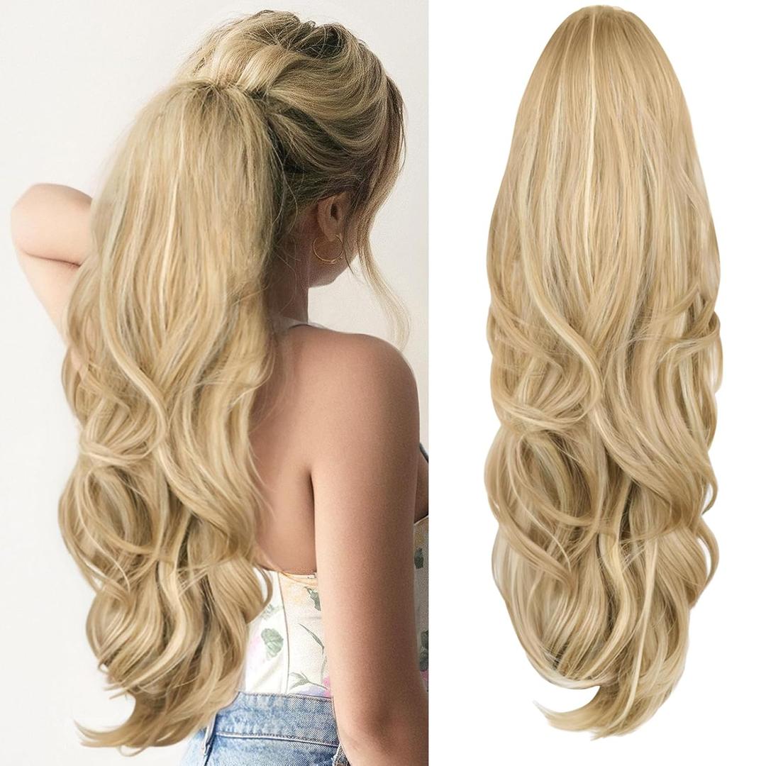 Blonde Ponytail Extension, Drawstring Ponytail Extension for Women 26 Inch Long Wavy Highlights Pony Tails Hair Extensions Synthetic Clip in Ponytail Hairpiece for Women(H24/88)
