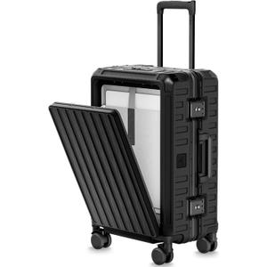 LUGGEX Zipperless Carry On Luggage with Spinner Wheels, SF81 Aluminum Polycarbonate Hard Shell Front Opening Suitcase, TSA & Cup Holder (ZX-Pro, Black, 21 Inch)