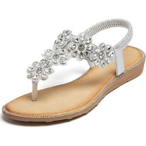 Generic Women Sandals Spring Summer Shoes Beach Bohemia Flower Crystal Flip Flops Sandal Casual Shoes, 10, Silver