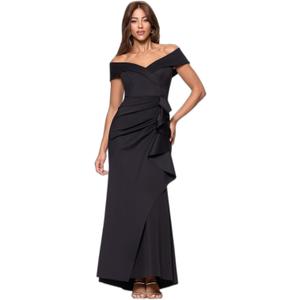 Xscape Womens Long Off Shoulder Sweetheart Neck Side Ruffle Gown (14 Petite, Black)